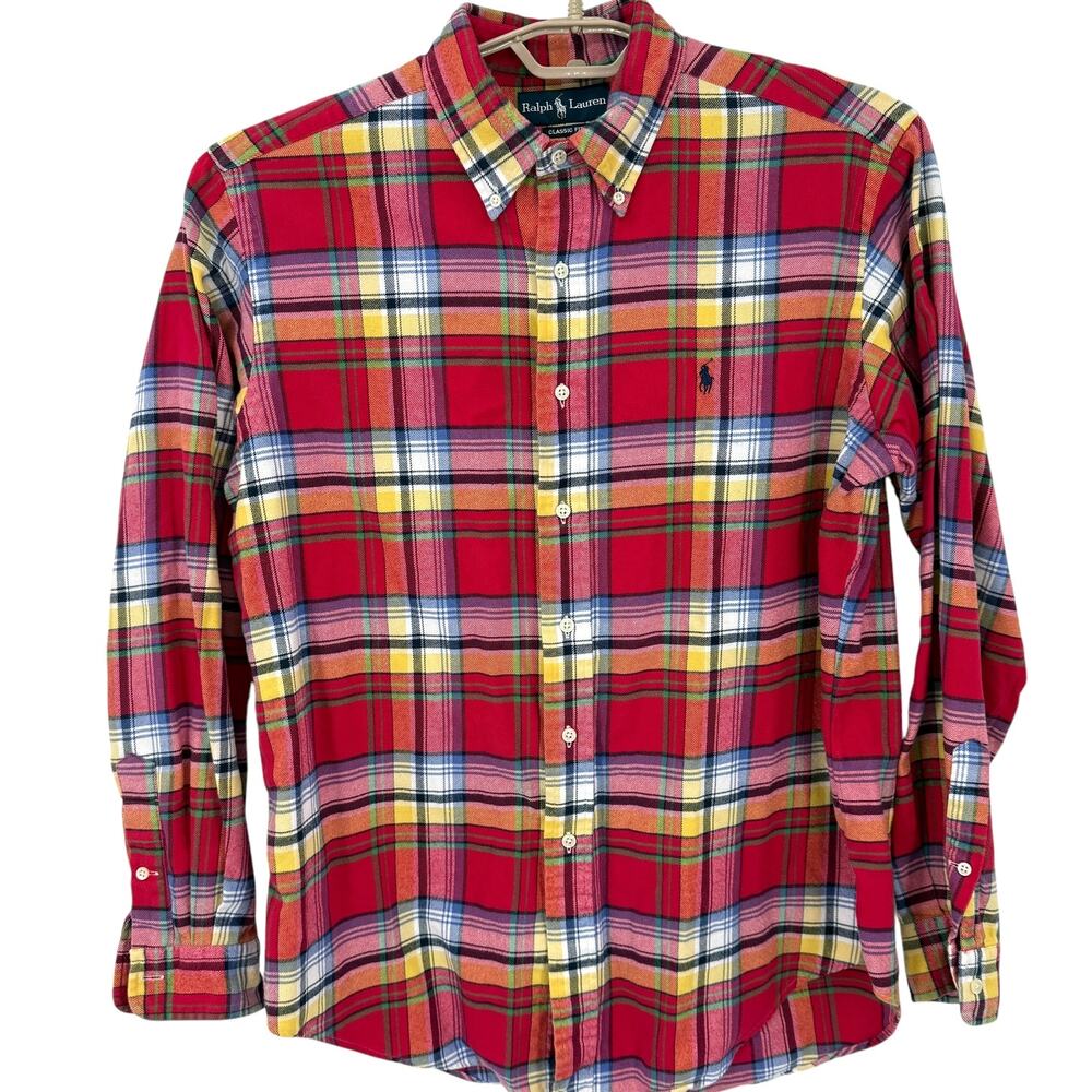 Ralph Lauren Vintage Mens Plaid Cotton Flannel Button Down Shirt Size Large